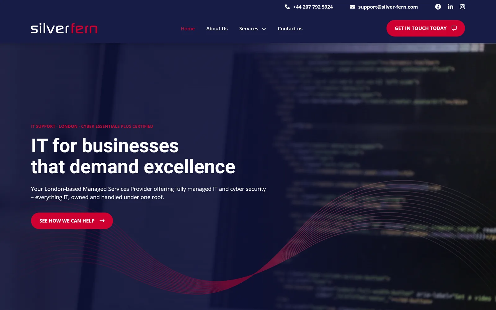 The Silver Fern home page: a navy hero with a blurred code backdrop, a crimson ribbon of lines and the headline IT for businesses that demand excellence